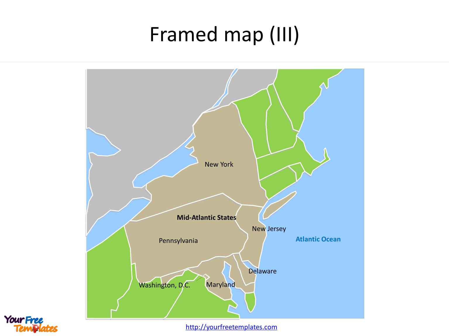 Framed US map for with Mid Atlantic States and neighboring States on the US map PowerPoint templates