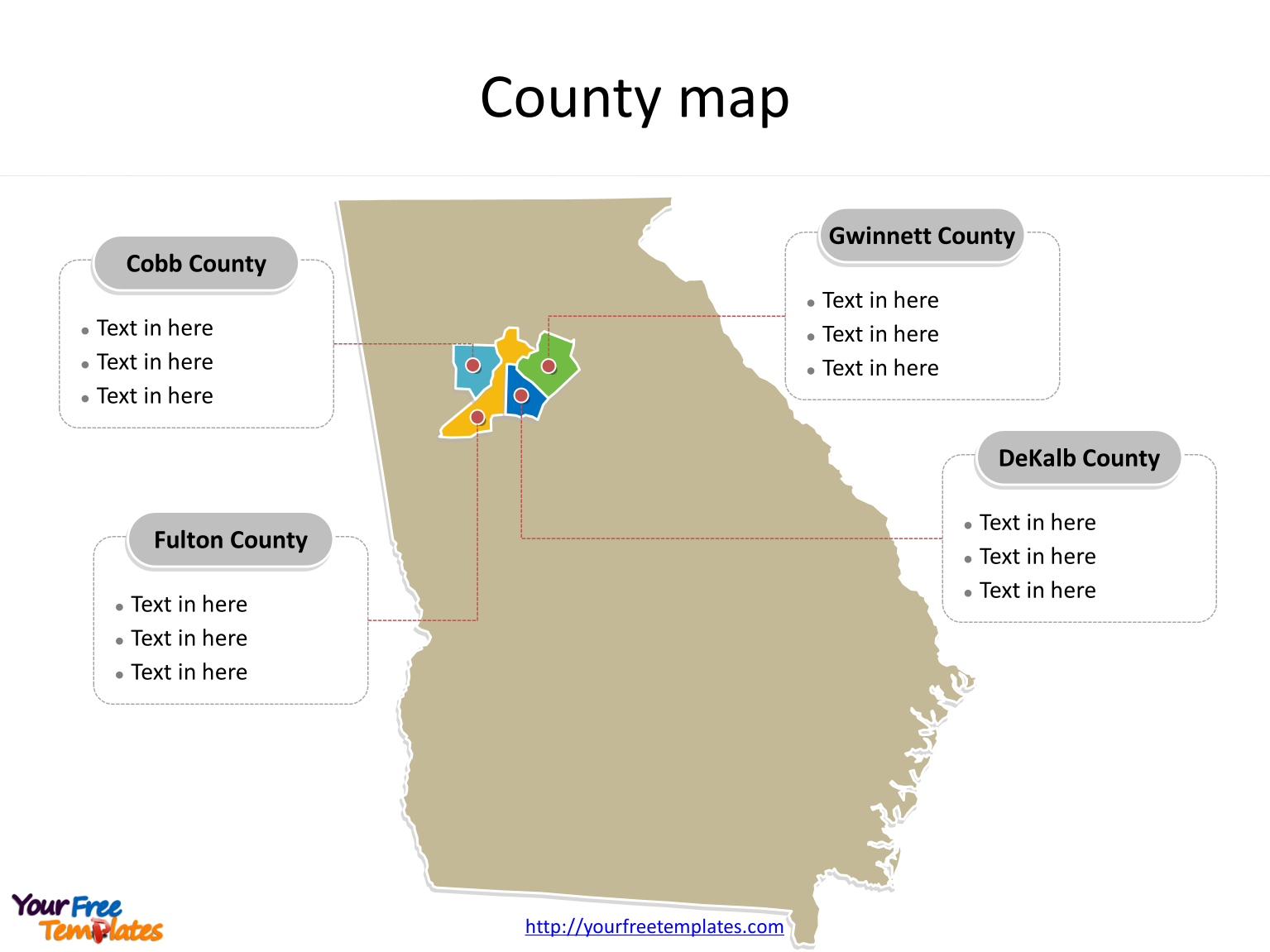 State of Georgia map with most populated counties labeled on the Georgia maps PowerPoint templates