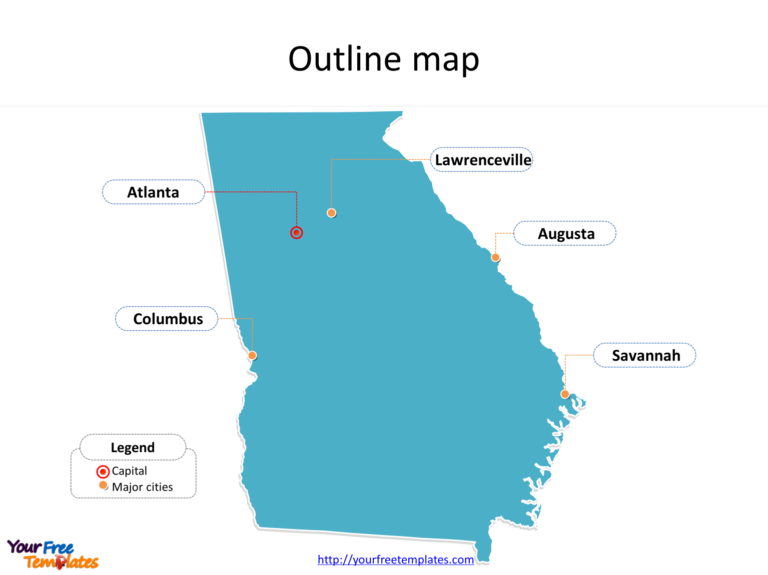 State of Georgia map with outline and cities labeled on the Georgia maps PowerPoint templates