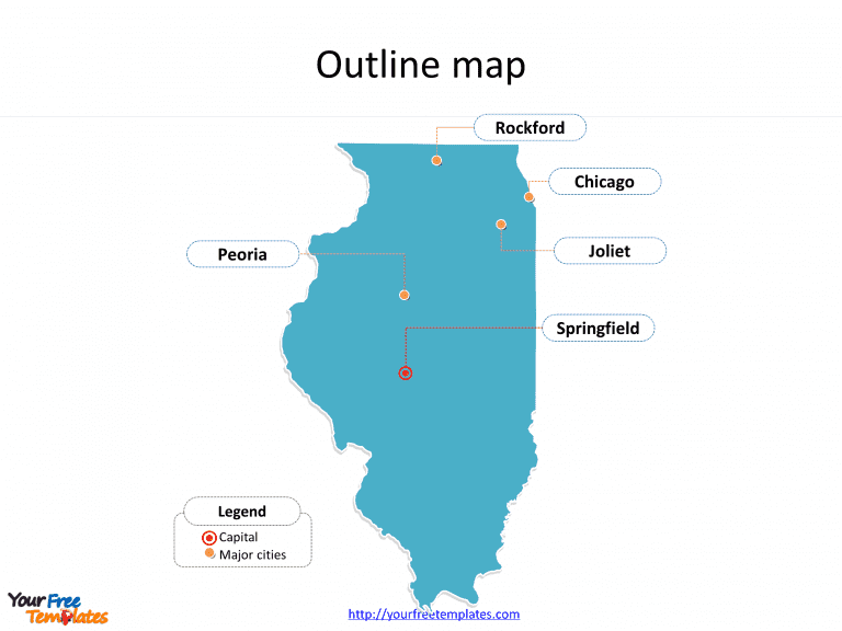 State of Illinois map with outline and cities labeled on the Illinois maps PowerPoint templates