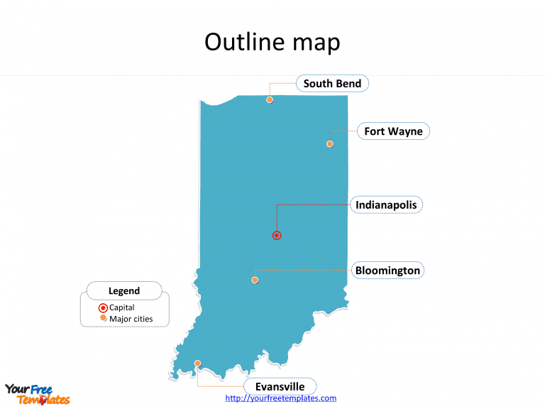 State of Indiana map with outline and cities labeled on the Indiana maps PowerPoint templates