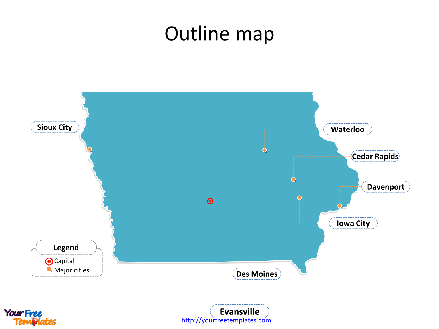 State of Iowa map with outline and cities labeled on the Iowa maps free download