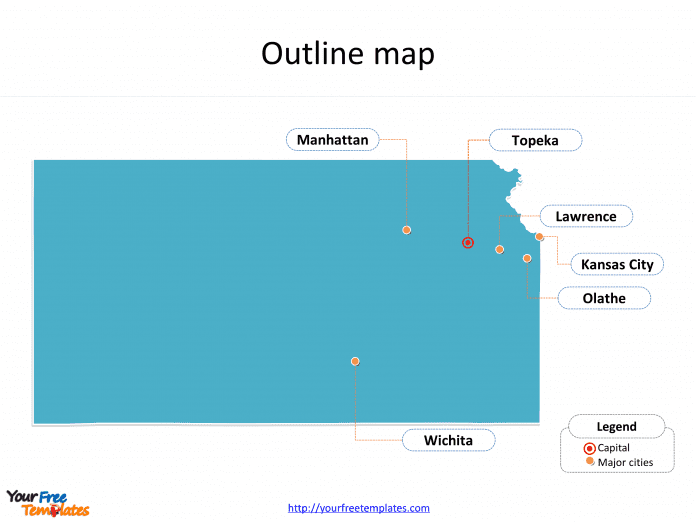 State of Kansas map with outline and cities labeled on the Kansas maps PowerPoint templates