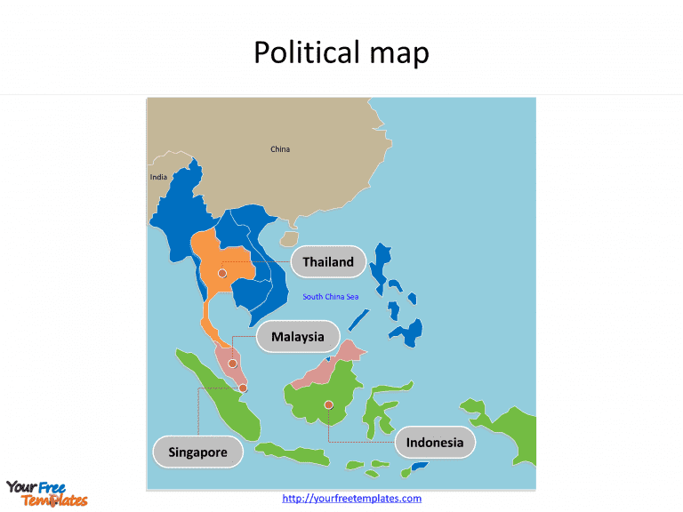 Map of Southeast Asia with individual countries and major Countries labeled on the Southeast Asia map free templates