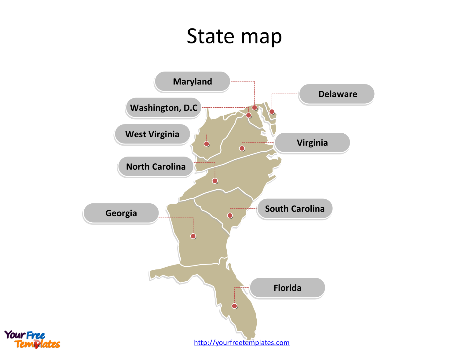 US maps State map for South Atlantic States with state names labeled on the US map PowerPoint templates