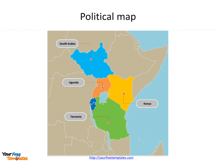 Map of East African Community with individual countries and major Countries labeled on the East African Community PowerPoint map