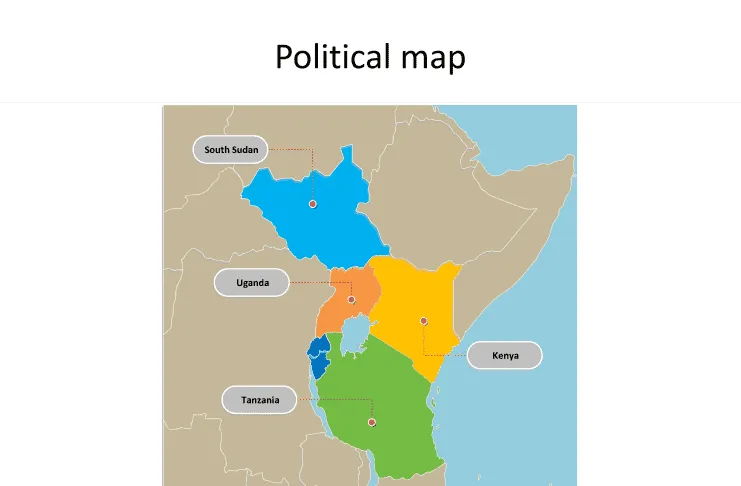 Map of East African Community with individual countries and major Countries labeled on the East African Community PowerPoint map