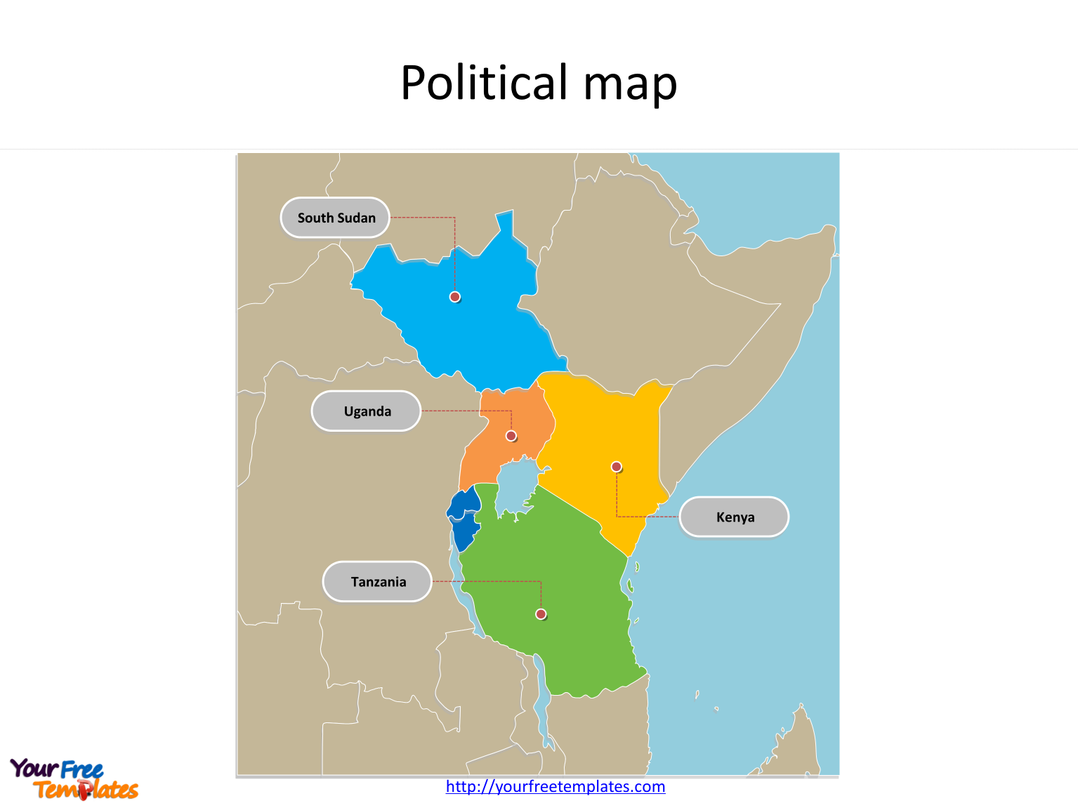Map of East African Community with outline and cities labeled on the East African Community PowerPoint map
