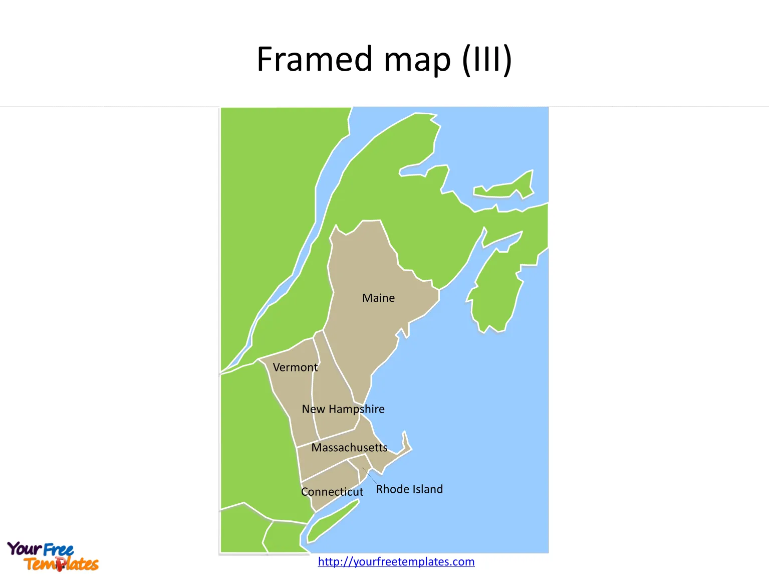 Framed New England maps and neighboring States on the US map PowerPoint templates