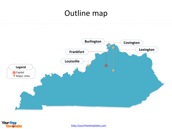 State of Kentucky map with outline and cities labeled on the Kentucky maps PowerPoint templates