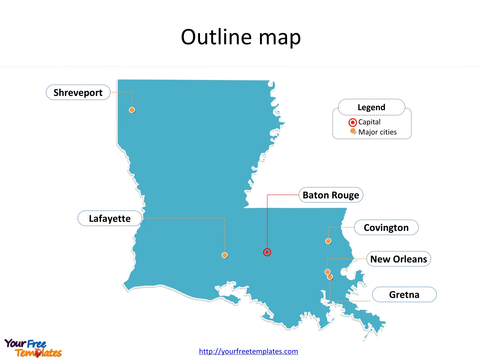 State of Louisiana map with outline and cities labeled on the Louisiana maps PowerPoint templates