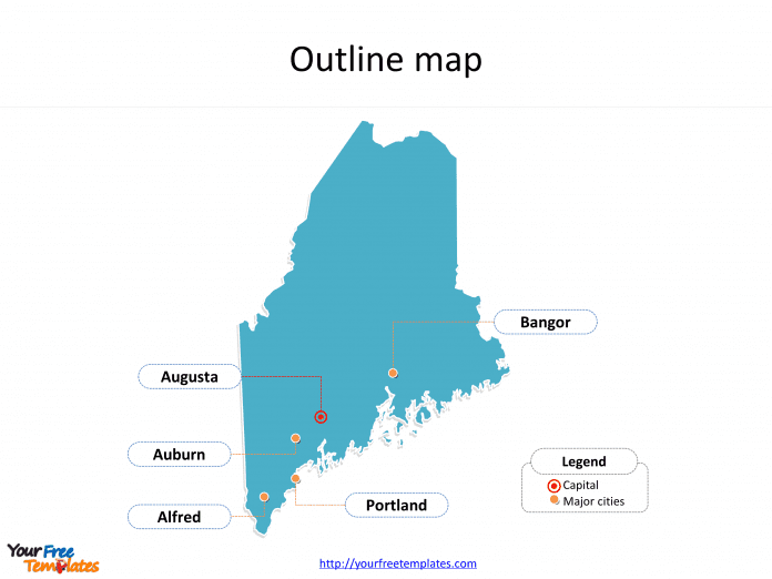 State of Maine map with outline and cities labeled on the Maine maps PowerPoint templates