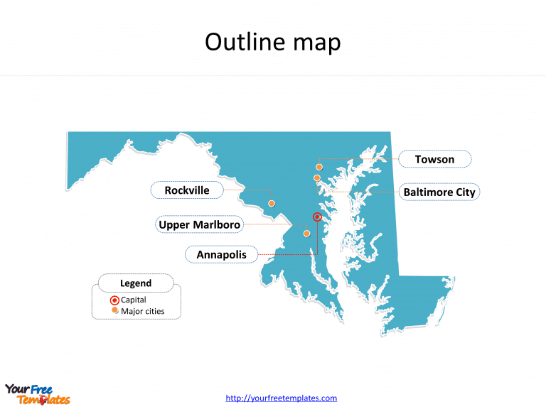 State of Maryland map with outline and cities labeled on the Maryland maps PowerPoint templates