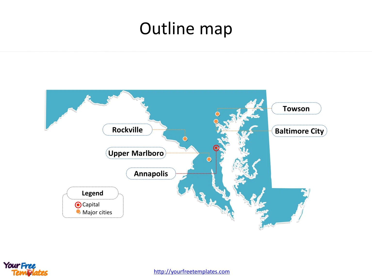 State of Maryland map with outline and cities labeled on the Maryland maps PowerPoint templates