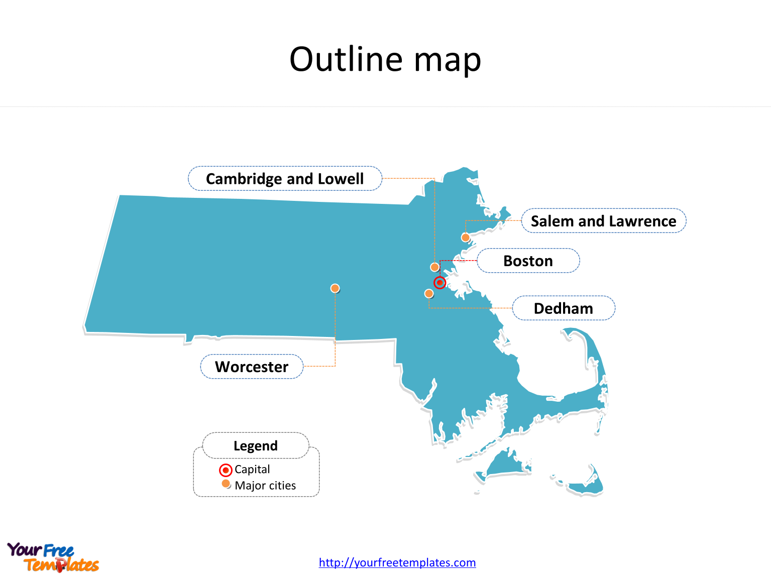 State of Massachusetts map with outline and cities labeled on the Massachusetts maps PowerPoint template