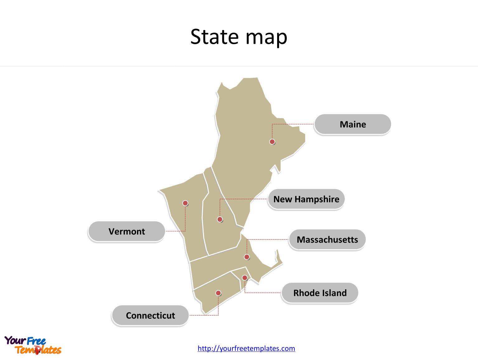 New England Framed State map on the US map PowerPoint templates