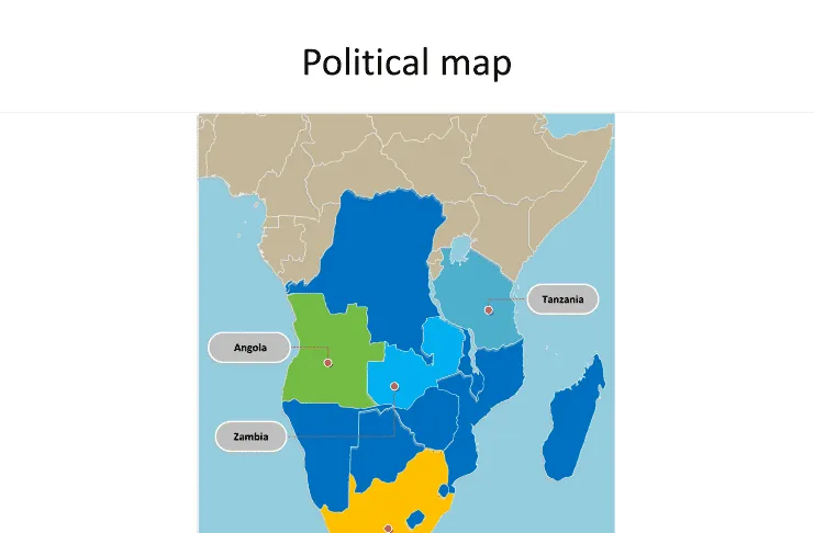Map of SADC countries with individual countries and major Countries labeled on the SADC countries Map templates