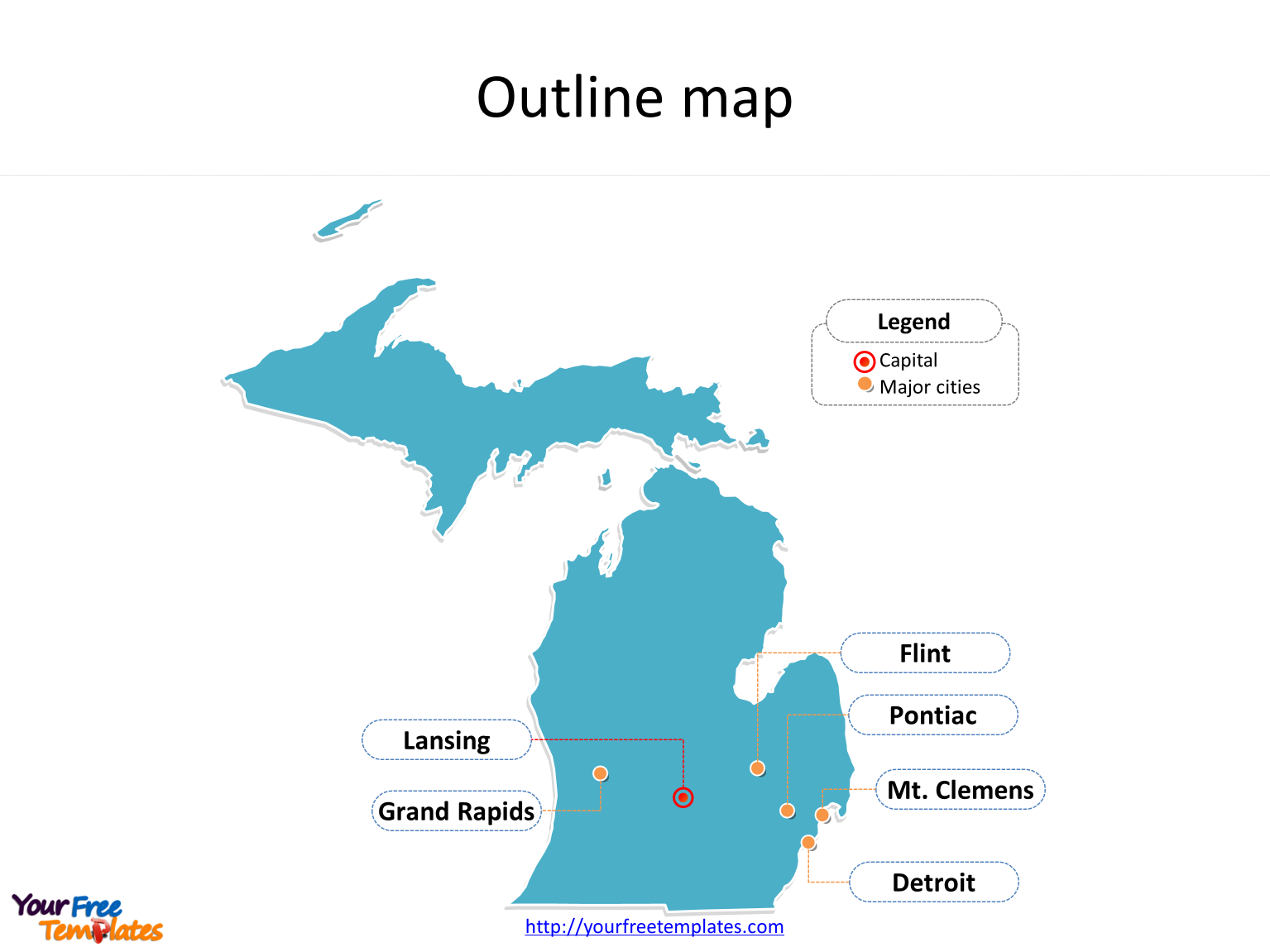 State of Michigan map with outline and cities labeled on the Michigan maps PowerPoint templates