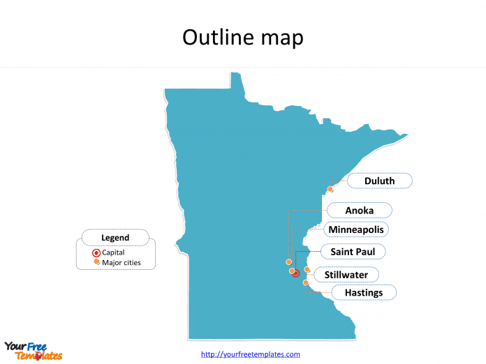 State of Minnesota map with outline and cities labeled on the Minnesota maps PowerPoint templates