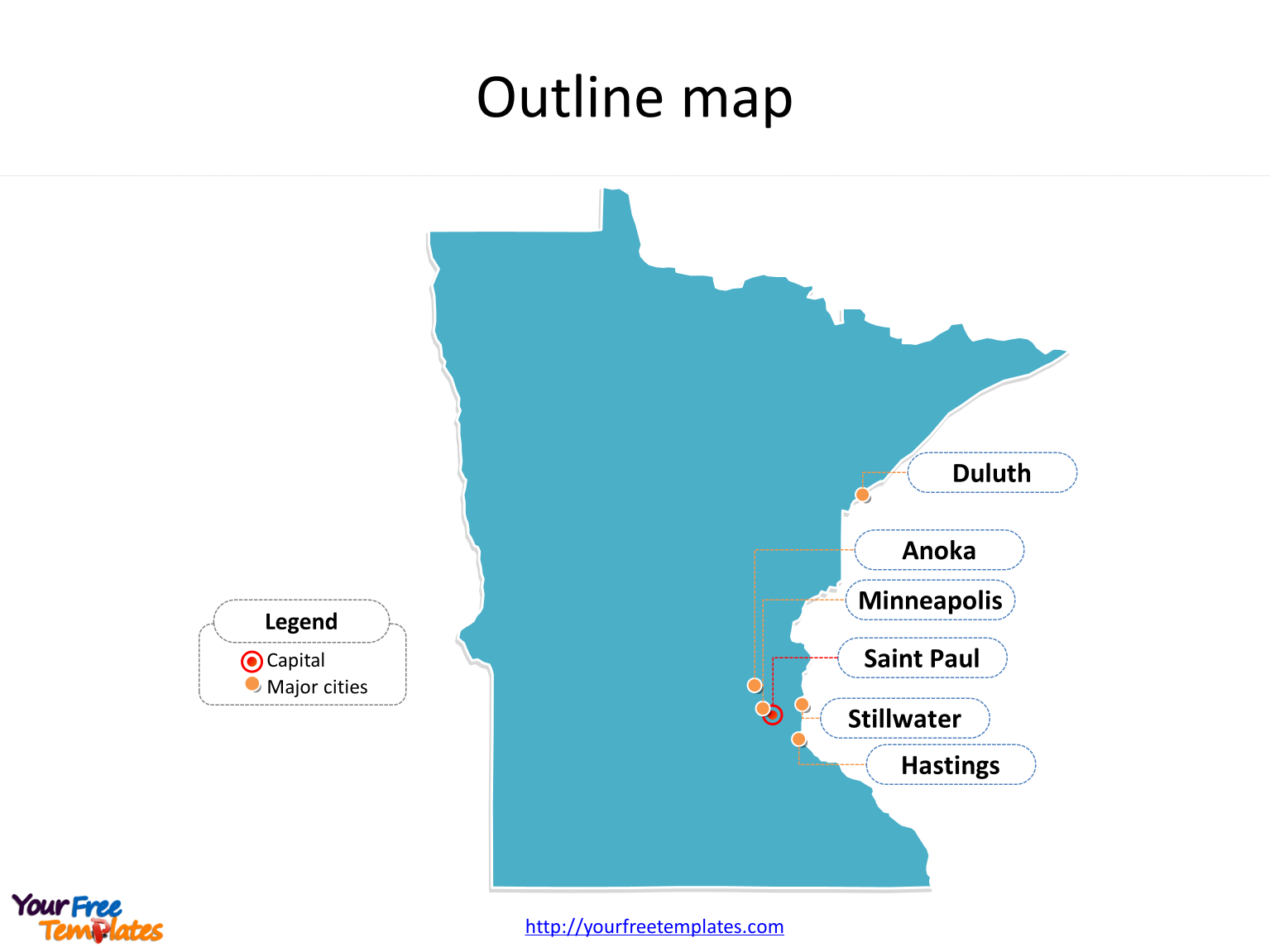 State of Minnesota map with outline and cities labeled on the Minnesota maps PowerPoint templates