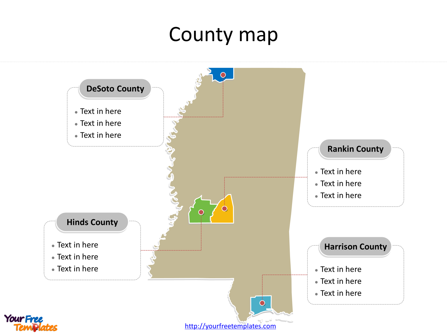 State of Mississippi map with most populated counties labeled on the Mississippi maps PowerPoint templates
