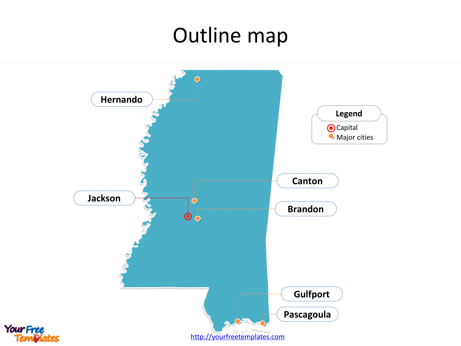 State of Mississippi map with outline and cities labeled on the Mississippi maps PowerPoint templates