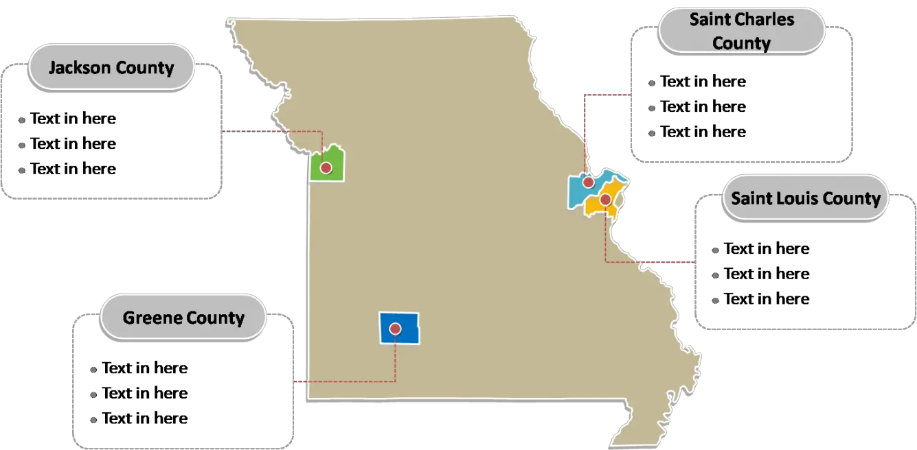 State of Missouri map with most populatedcounties labeled on the Missouri maps PowerPoint templates