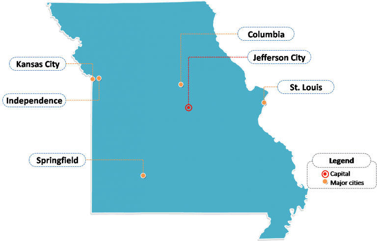 State of Missouri map with outline and cities labeled on the Missouri maps PowerPoint templates