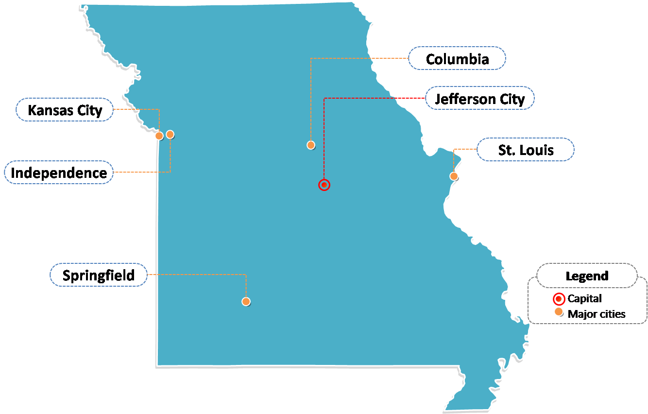 State of Missouri map with outline and cities labeled on the Missouri maps PowerPoint templates