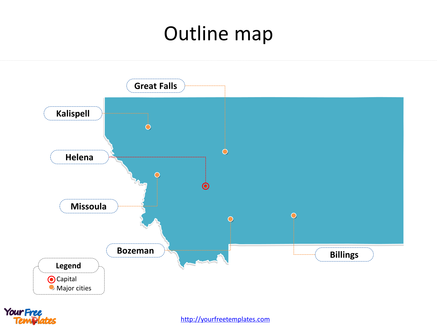 State of Montana map with outline and cities labeled on the Montana maps PowerPoint templates