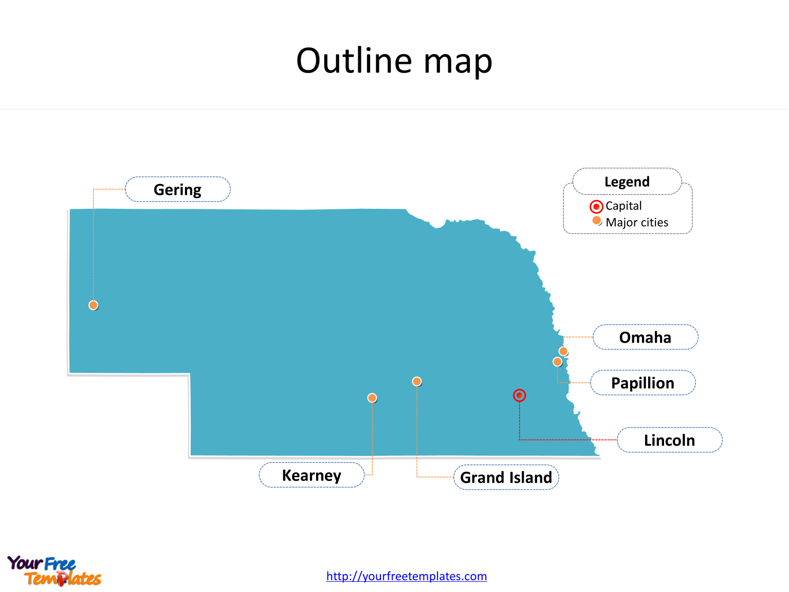 State of Nebraska map with outline and cities labeled on the Nebraska maps PowerPoint templates