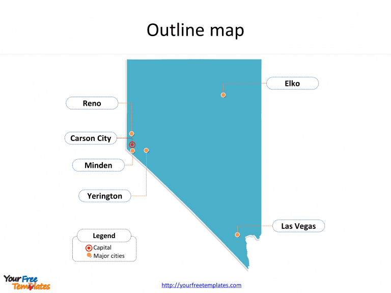 State of Nevada map with outline and cities labeled on the Nevada maps PowerPoint templates