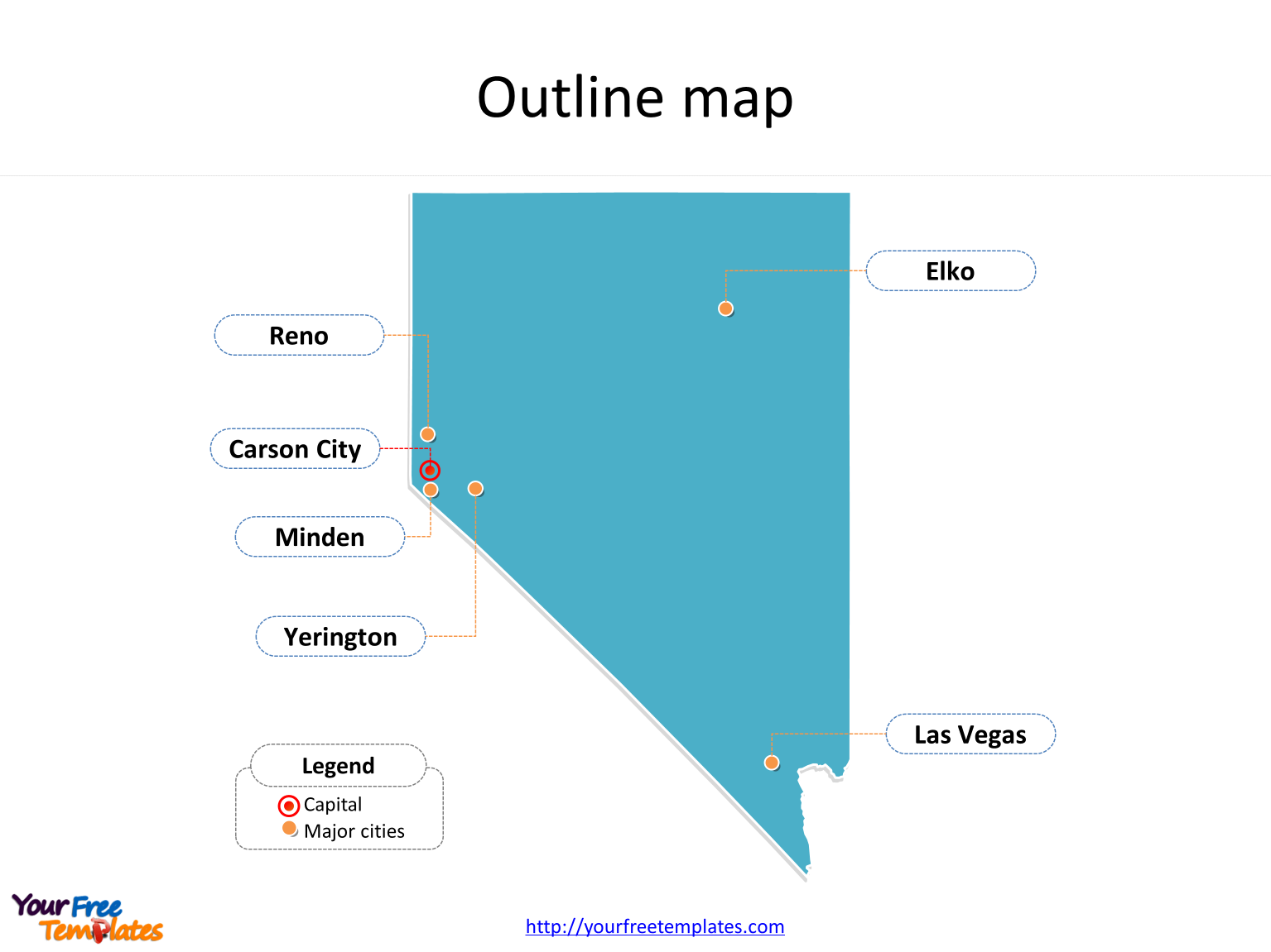 State of Nevada map with outline and cities labeled on the Nevada maps PowerPoint templates