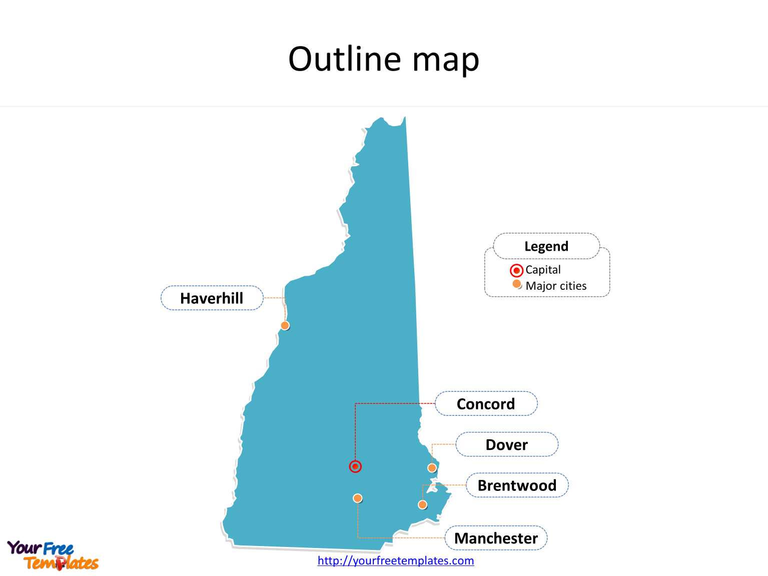 State of New Hampshire map with outline and cities labeled on the New Hampshire maps PowerPoint templates