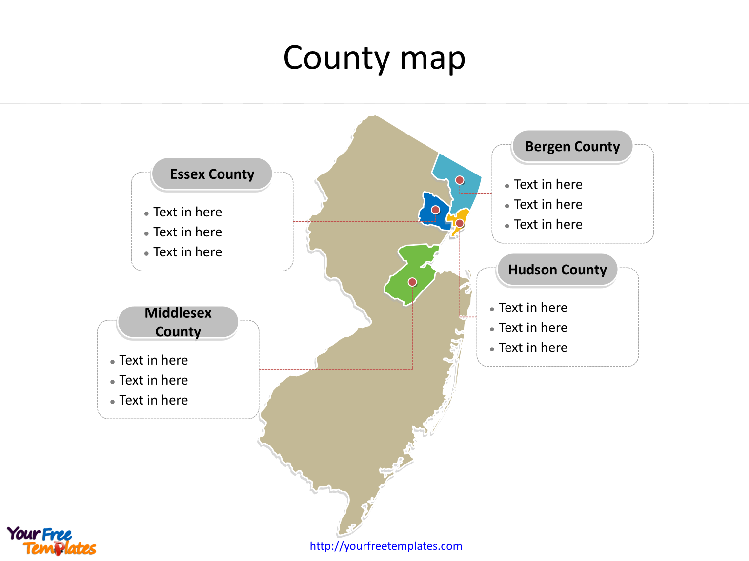 State of New Jersey map with most populated counties labeled on the New Jersey maps PowerPoint templates