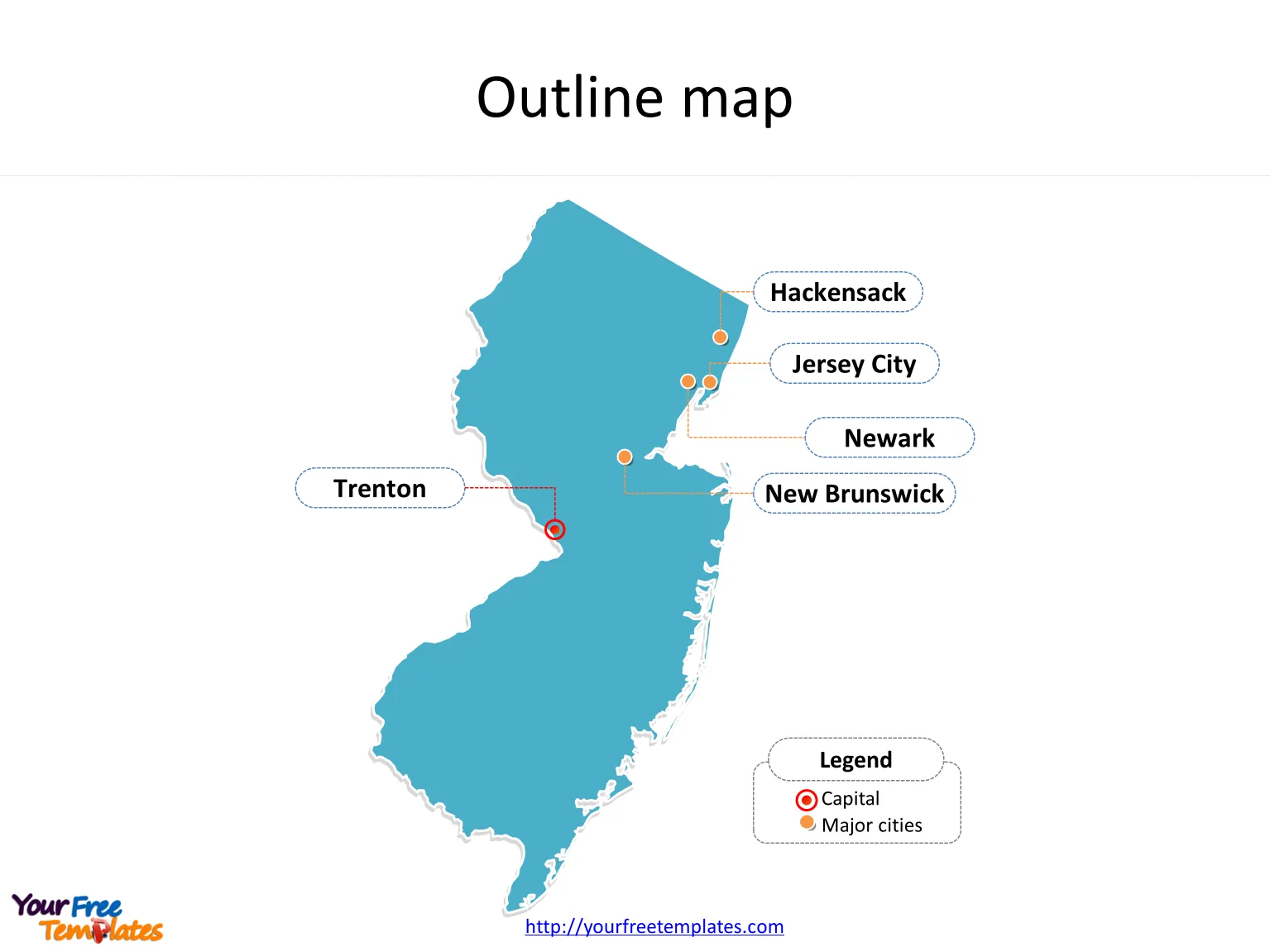 State of New Jersey map with outline and cities labeled on the New Jersey maps PowerPoint templates