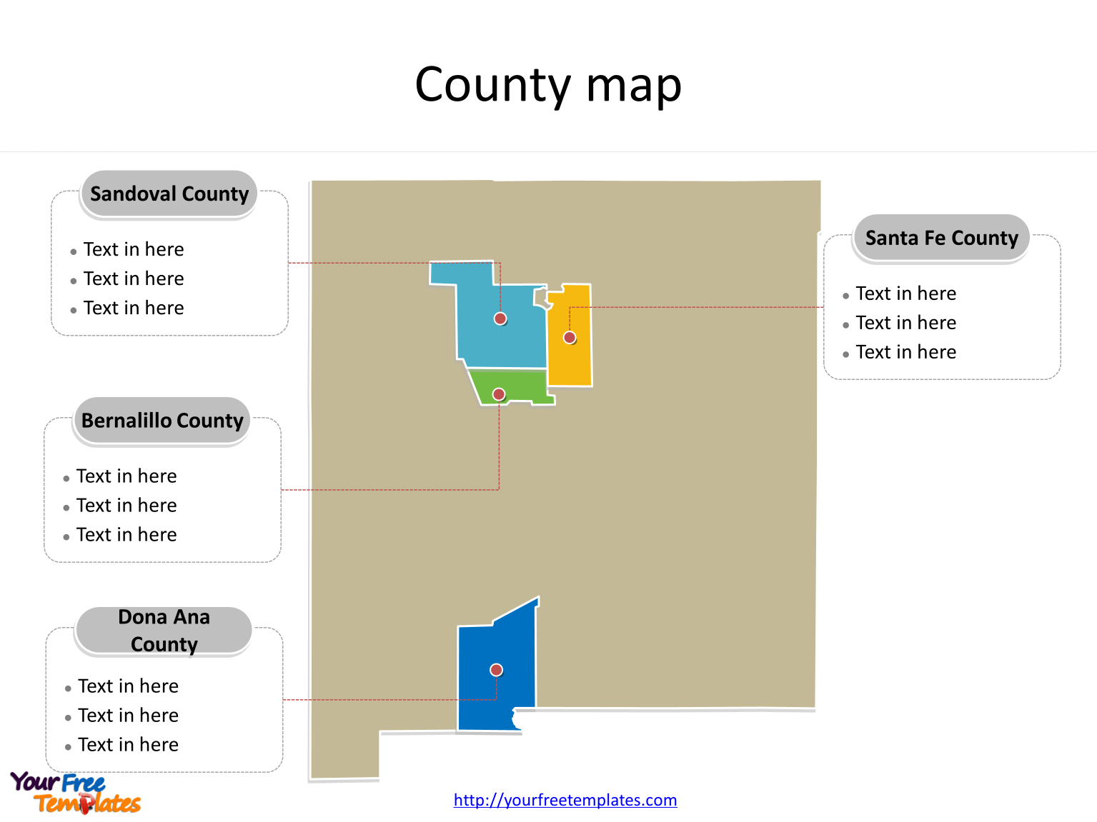 State of New Mexico map with most populated counties labeled on the New Mexico maps PowerPoint templates