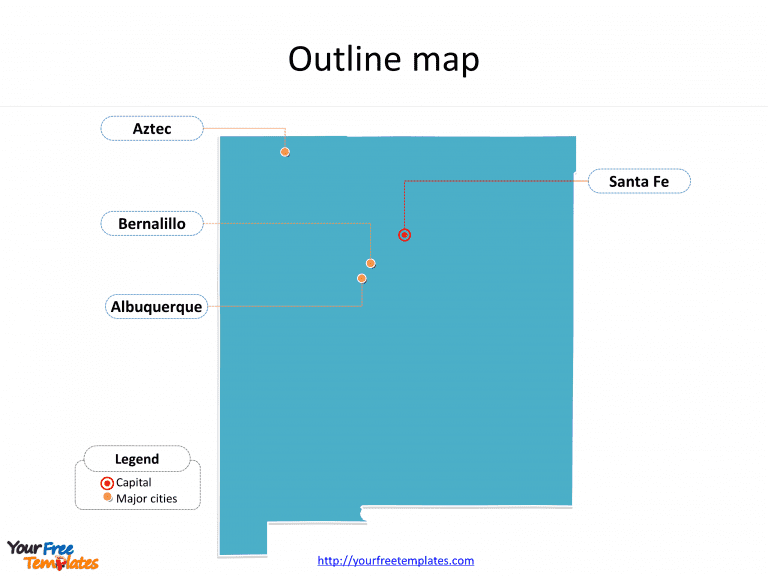 State of New Mexico map with outline and cities labeled on the New Mexico maps PowerPoint templates