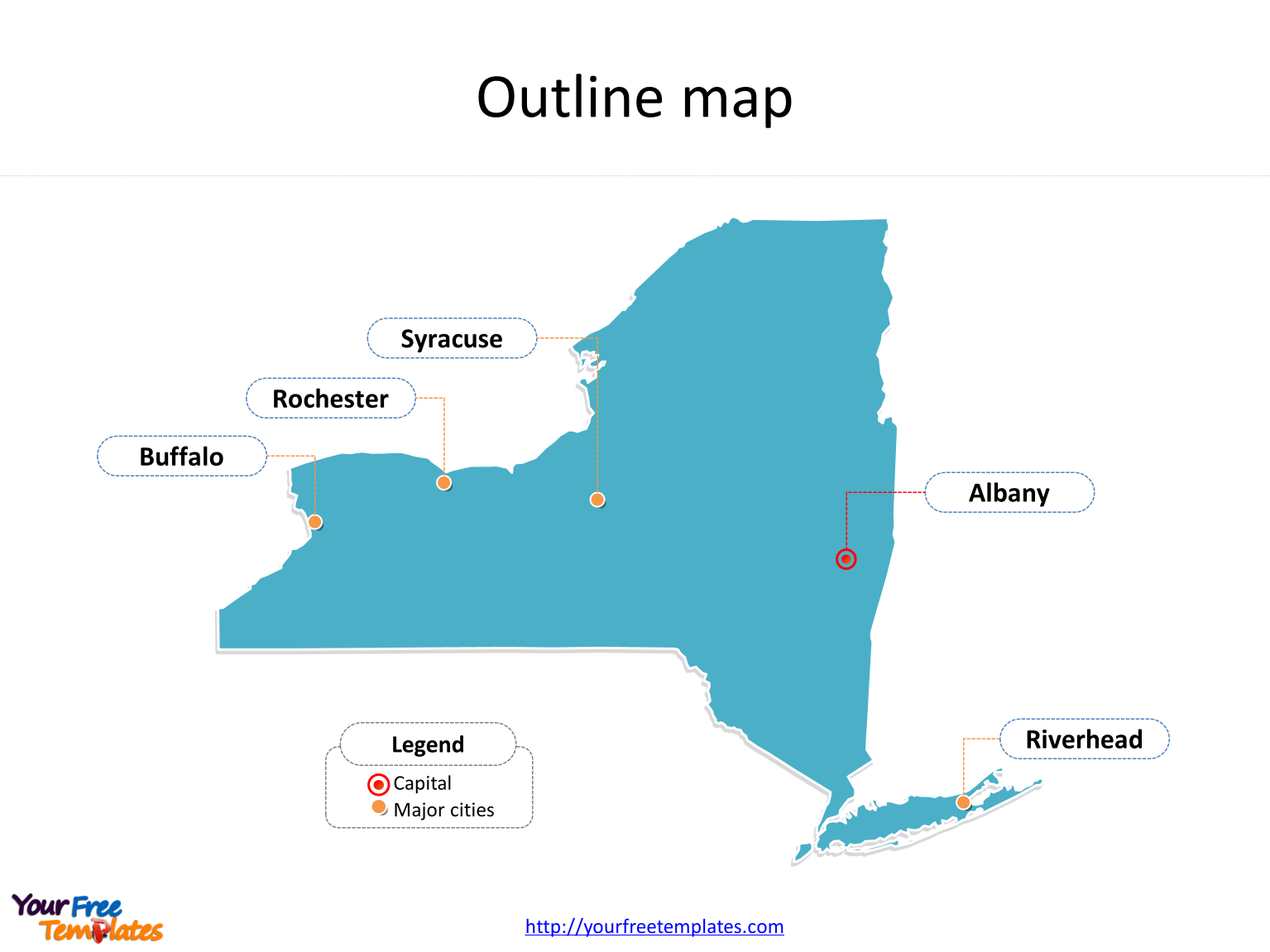 State of New York map with outline and cities labeled on the New York maps PowerPoint templates