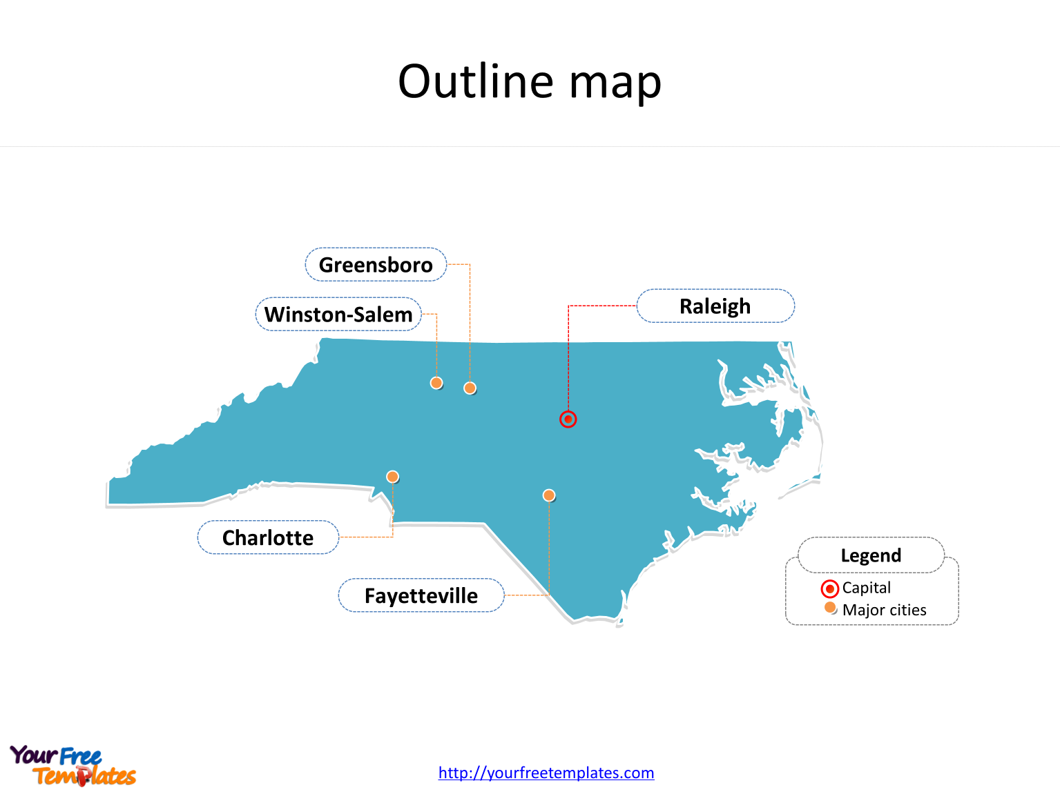 State of North Carolina map with outline and cities labeled on the North Carolina maps PowerPoint templates