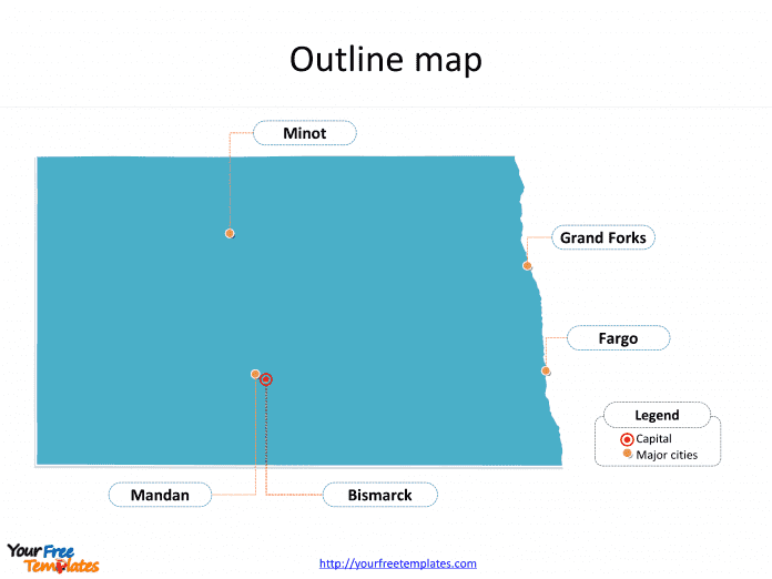 State of North Dakota map with outline and cities labeled on the North Dakota maps PowerPoint templates