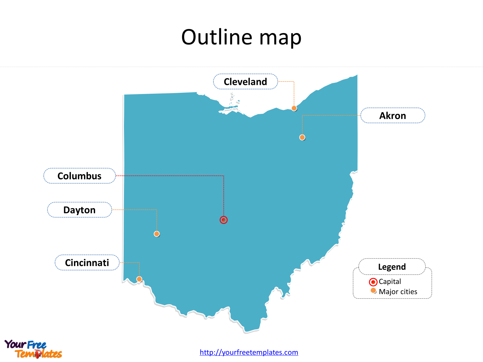 State of Ohio map with most populated counties labeled on the Ohio maps PowerPoint templates