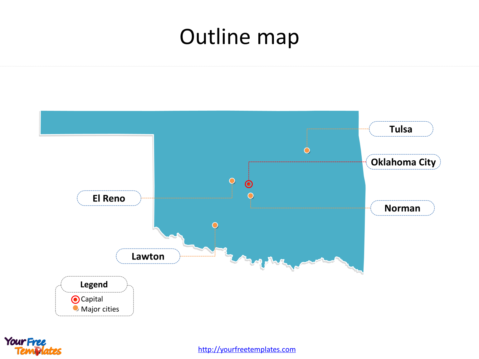 State of Oklahoma map with outline and cities labeled on the Oklahoma maps PowerPoint templates