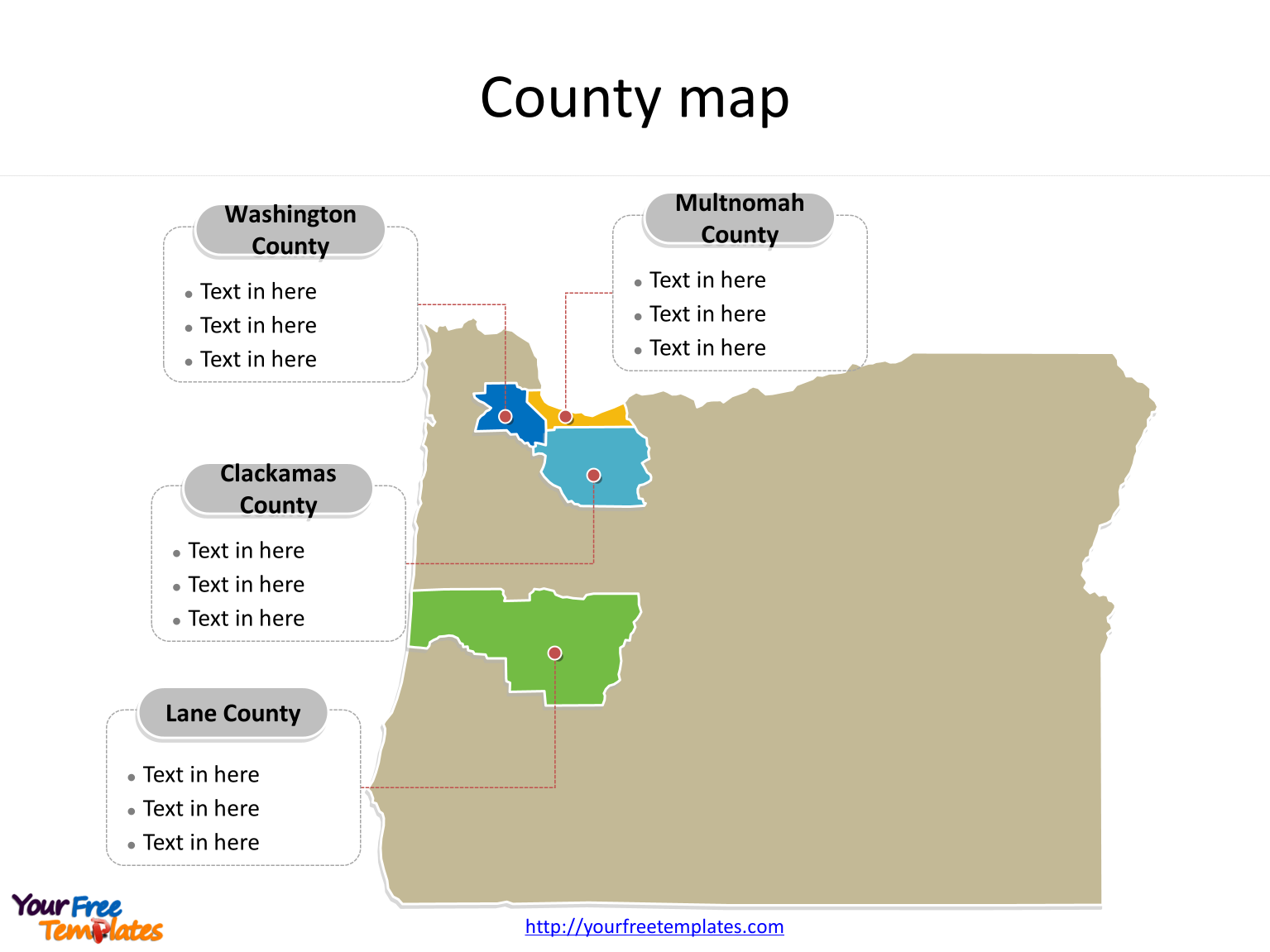 State of Oregon map with most populated counties labeled on the Oregon maps PowerPoint templates