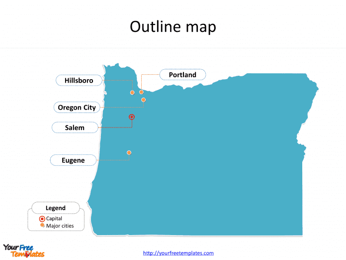 State of Oregon map with outline and cities labeled on the Oregon maps PowerPoint templates