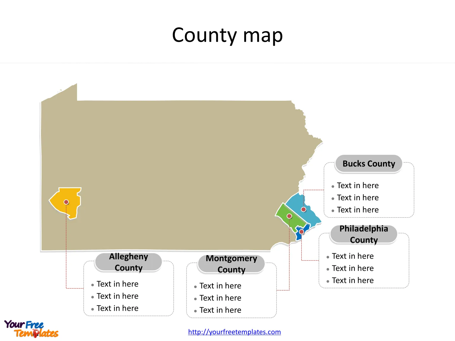 State of Pennsylvania map with most populated counties labeled on the Pennsylvania maps PowerPoint templates