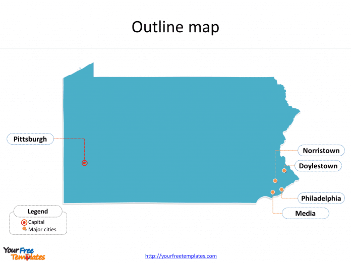 State of Pennsylvania map with outline and cities labeled on the Pennsylvania maps PowerPoint templates