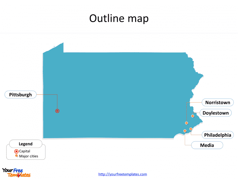 State of Pennsylvania map with outline and cities labeled on the Pennsylvania maps PowerPoint templates