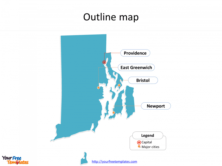 State of Rhode Island map with outline and cities labeled on the Rhode Island maps PowerPoint templates