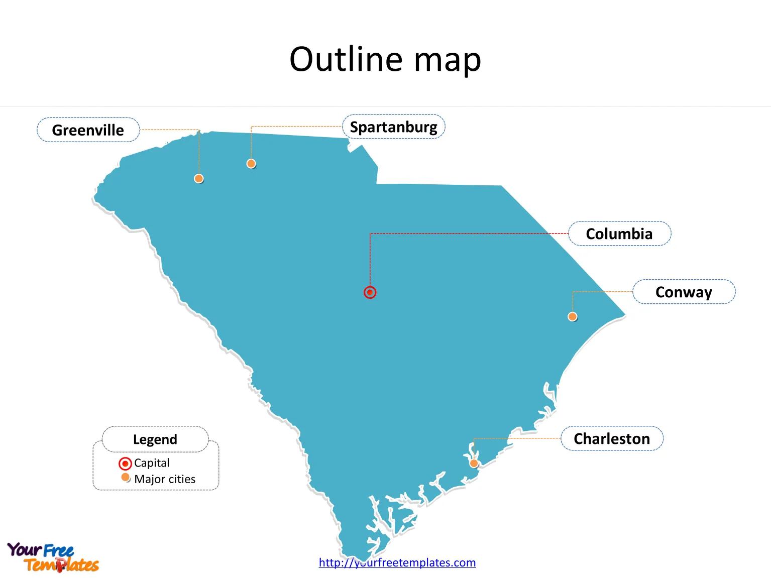 State of South Carolina map with outline and cities labeled on the South Carolina maps PowerPoint templates